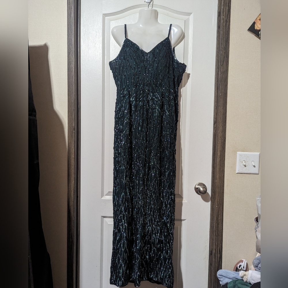 MARK & JOHN BY SAM Long Dark Green 100% Silk Beaded Holiday Evening Vintage XL